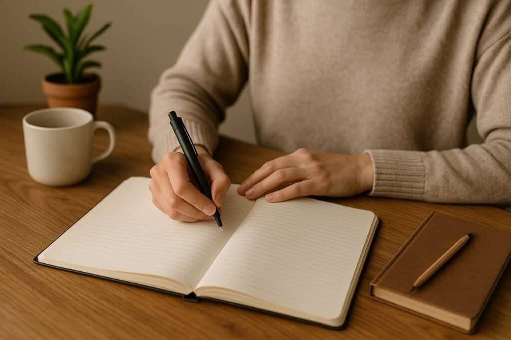 Person journaling in a notebook with coffee and plant on desk.