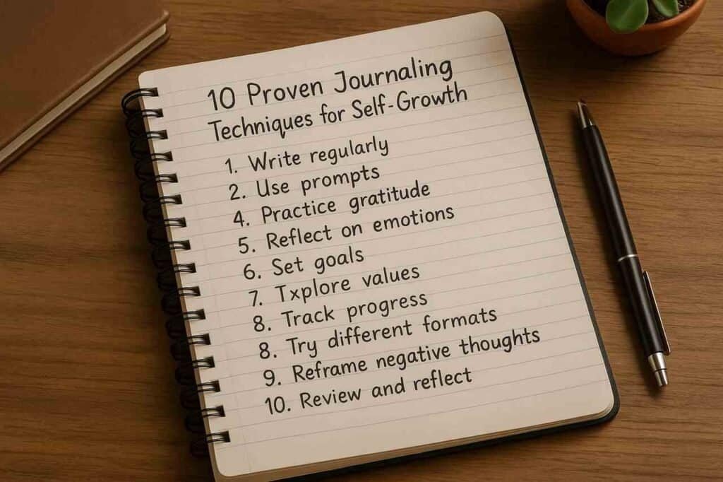 Open journal with self-growth journaling techniques written inside.