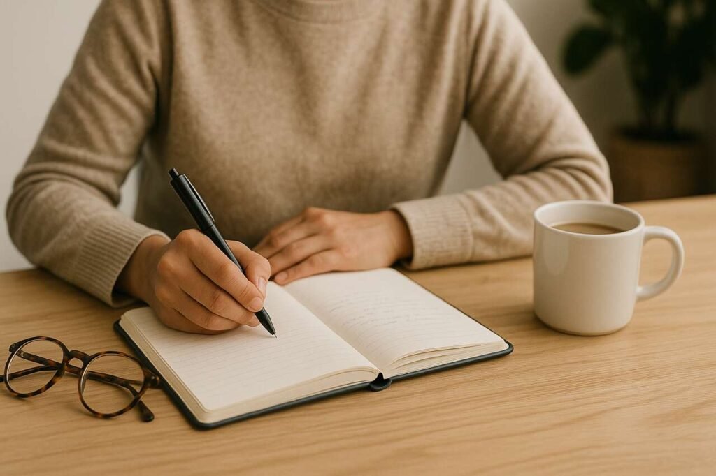 Person journaling in notebook with coffee mug on desk