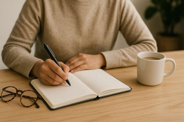 Person journaling in notebook with coffee mug on desk