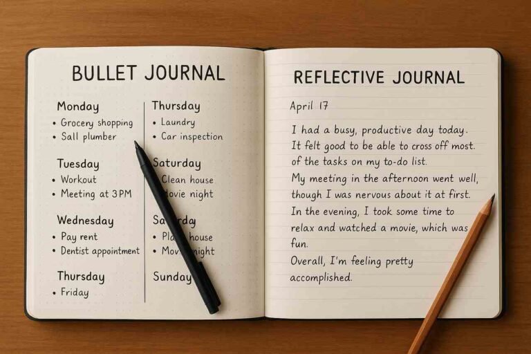 Bullet and reflective journals side by side on a desk with pens.