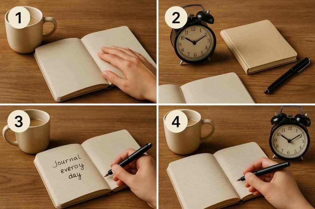 Step-by-step journaling habit with notebook and pen.