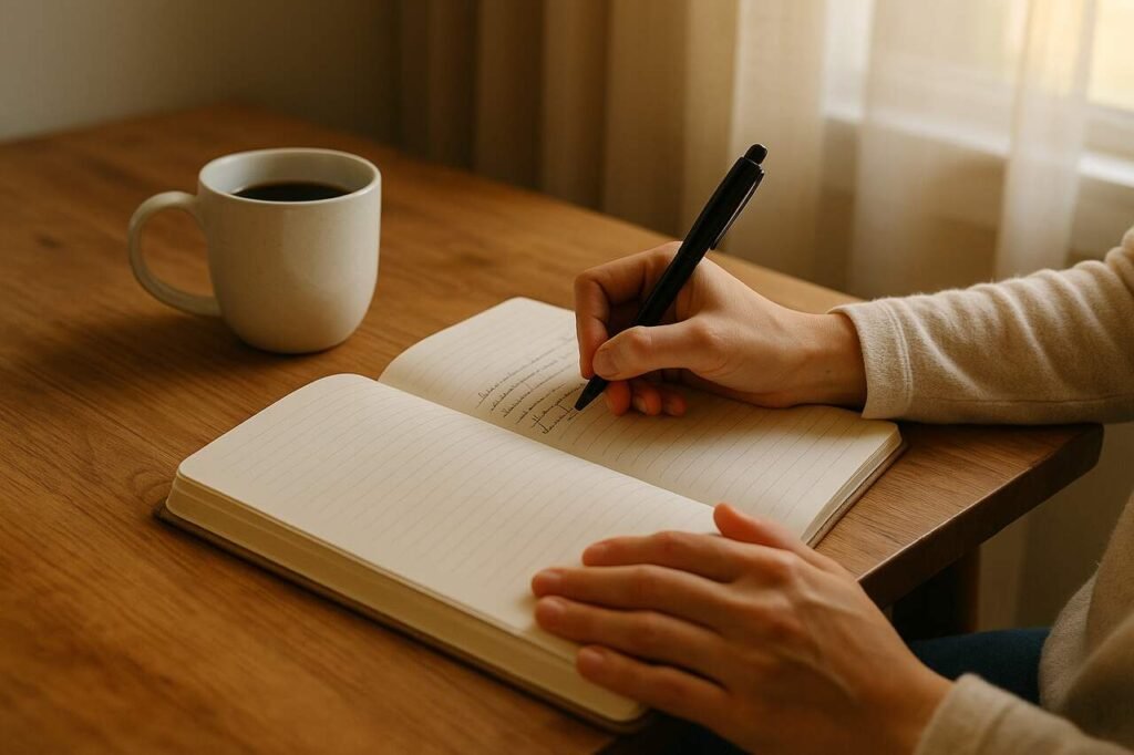 Writing morning pages in a journal with coffee nearby
