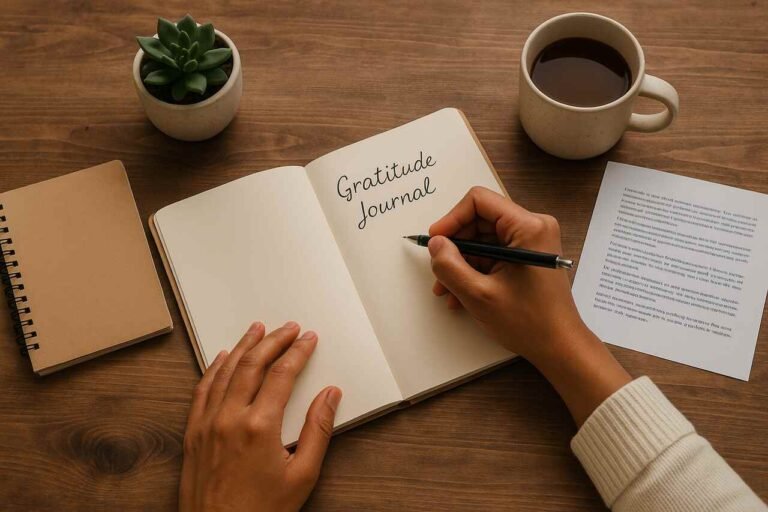 Person writing in a gratitude journal on a wooden desk.