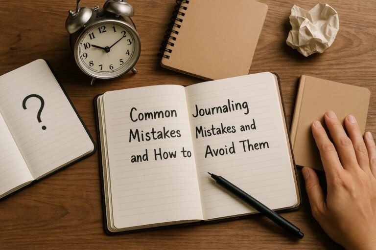Open journal with writing tools on a wooden desk representing journaling mistakes.