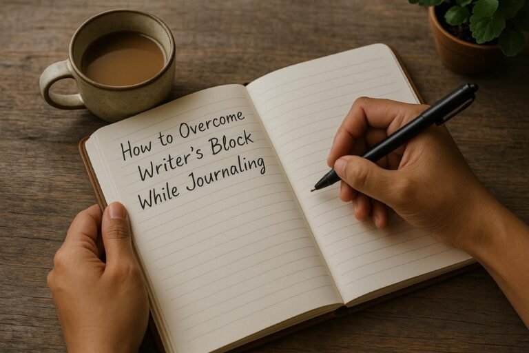 Hands holding a pen over a blank journal with coffee and plant on a wooden table.
