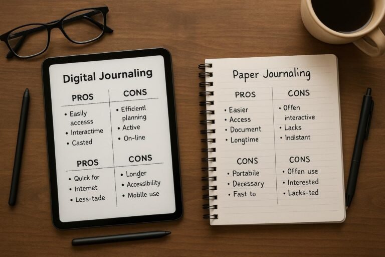 Digital tablet and paper notebook comparing journaling methods