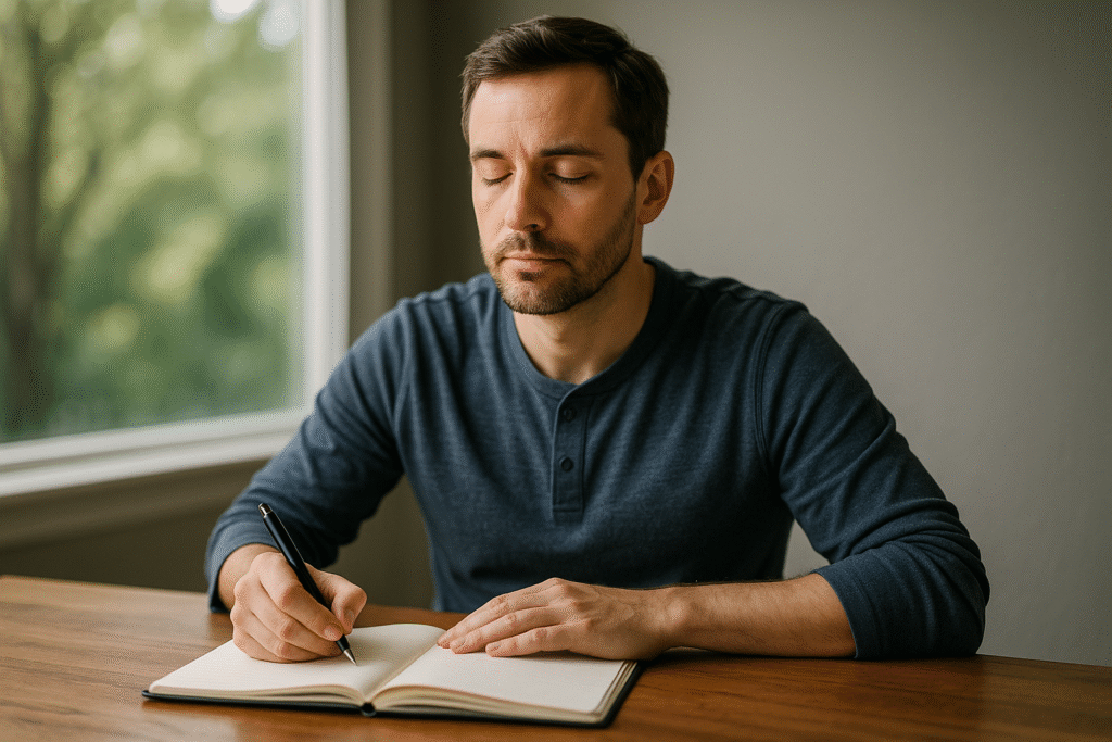 Man journaling peacefully in a sunlit room for mental clarity.