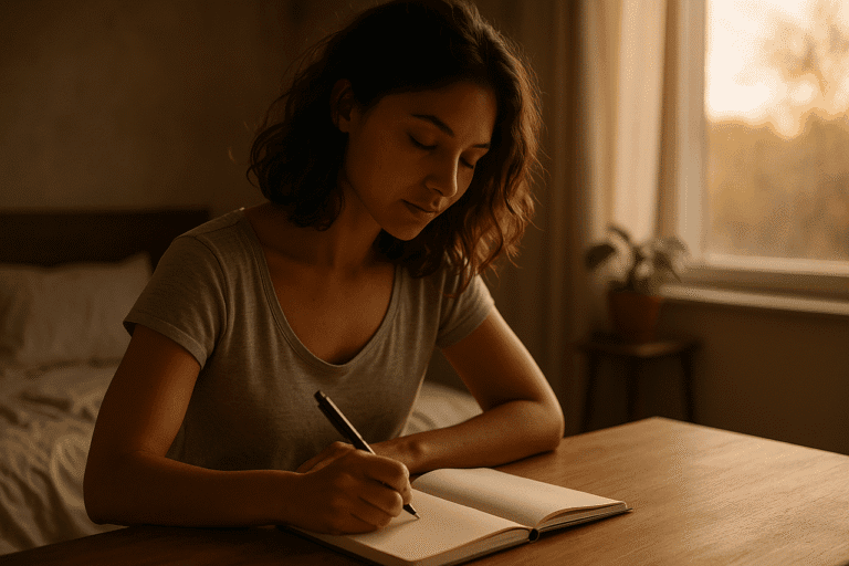 Woman journaling by window during golden hour