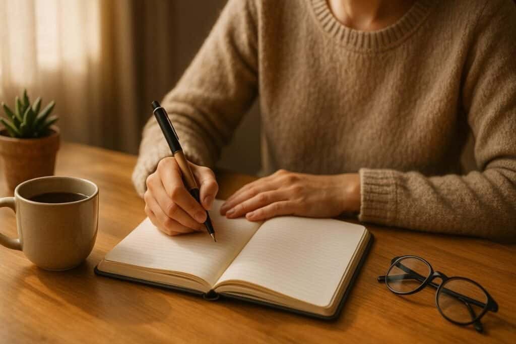 Person writing in a journal beside coffee and plant in a cozy setting.