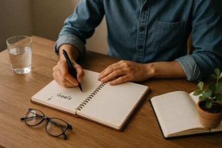Person journaling goals at a wooden desk with planner and plant nearby.