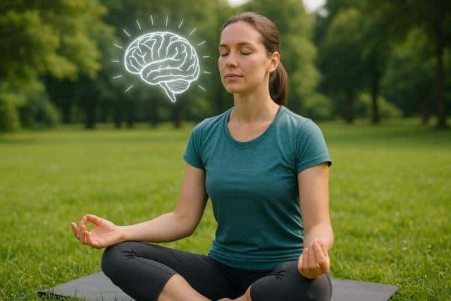 Woman meditating in park with brain illustration representing mental clarity and wellness.