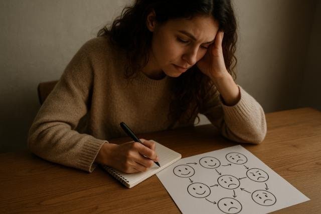 Woman analyzing emotional patterns with expression chart