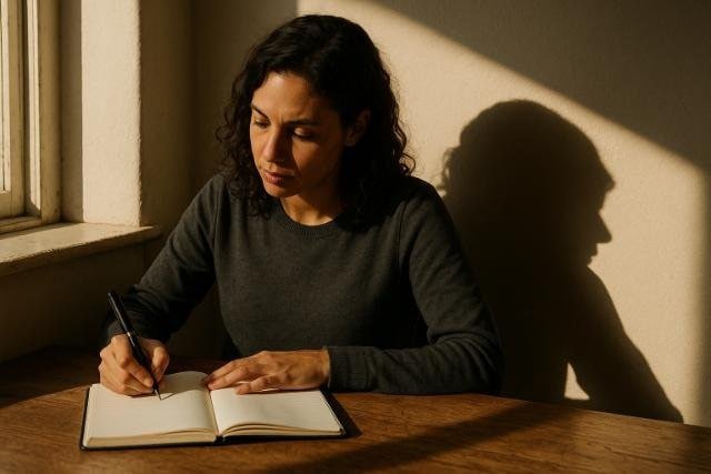 Woman journaling with her shadow on the wall, symbolizing inner reflection.