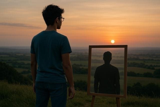 Person looking into a mirror at sunset on a hill, symbolizing ideal self and future direction.