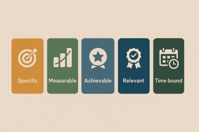 SMART goals icons arranged in colorful vertical blocks.