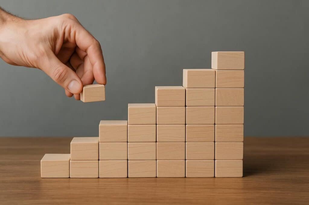 Hand stacking wooden blocks into a staircase to symbolize achieving goals step-by-step.