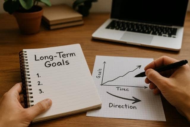 Reviewing long-term goals with a graph and notebook on desk.