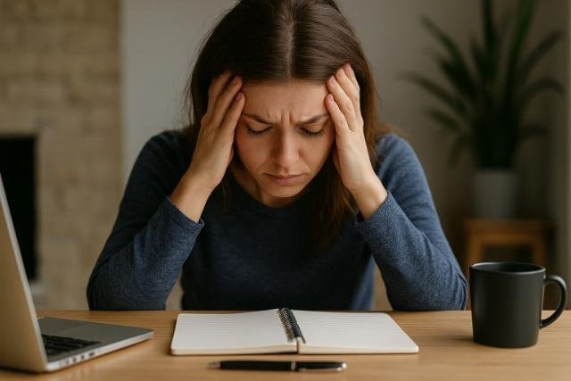 Stressed woman holding head at desk with laptop and notebook.