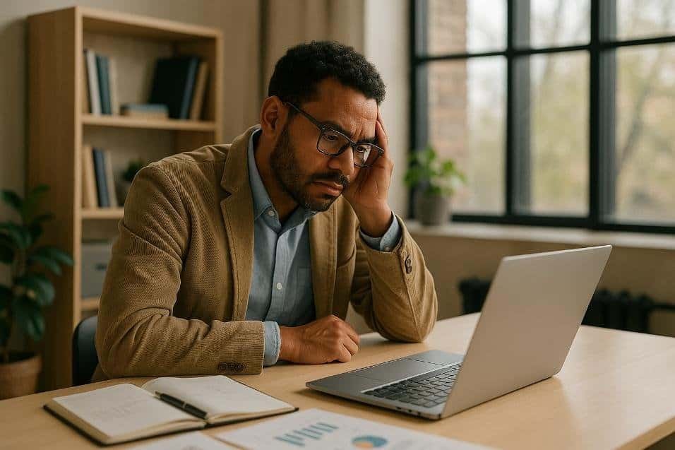 Man reflecting on challenges at work with an open laptop and notes.