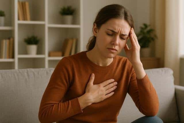 Woman showing signs of stress with hand on chest and head.