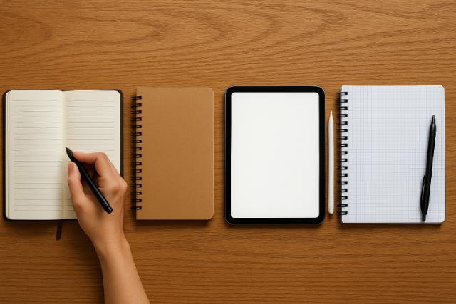 Different journaling methods displayed on a wooden desk.