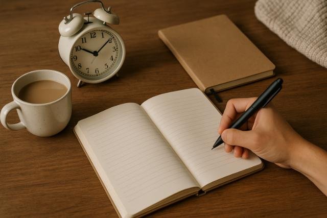 Hand writing in journal beside coffee and clock on wooden table.