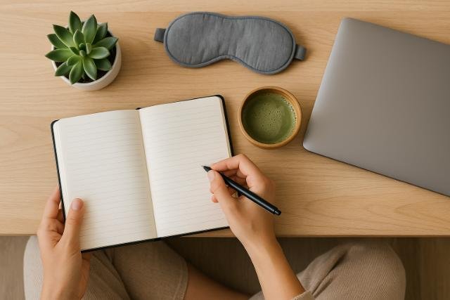 Person journaling on desk with tea and laptop nearby.