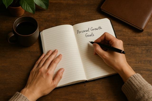 Person journaling personal growth goals at a wooden desk.
