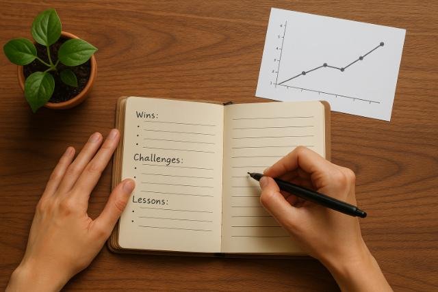 Person journaling self-growth progress with chart and plant on wooden desk.