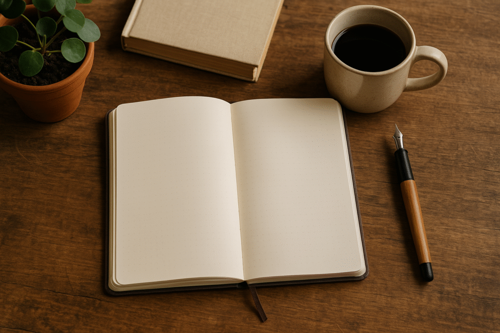 Open blank journal with pen and coffee on a wooden desk.