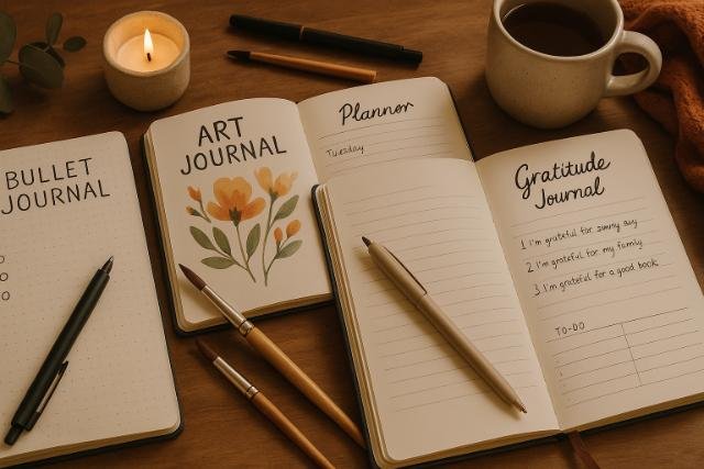 Different journaling styles displayed on a cozy, creative desk setup