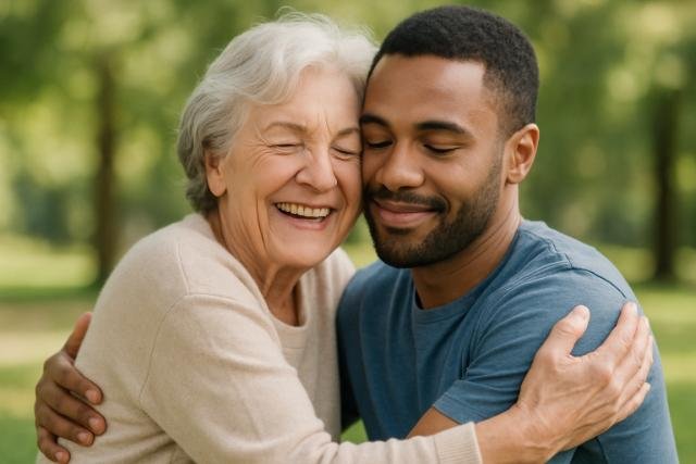 Elderly woman hugging a younger man with warmth in a sunny park