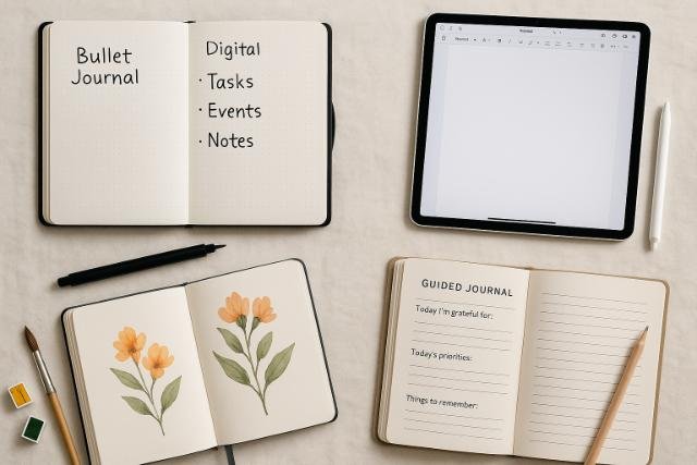 Different types of journals bullet, digital, art, and guided on a soft fabric background.