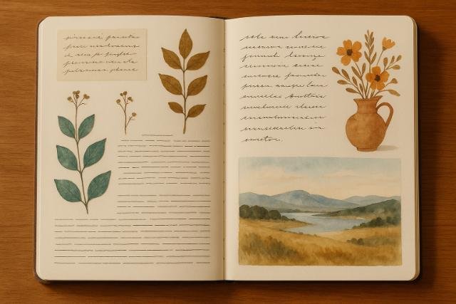 Open journal with mixed journaling styles including pressed plants and watercolor art.