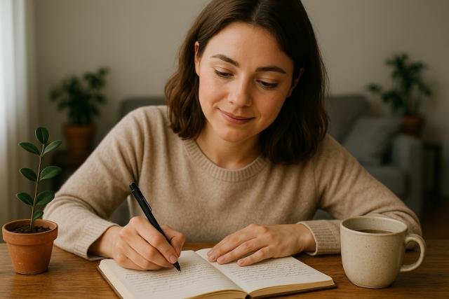 Woman journaling with coffee at a cozy wooden table.