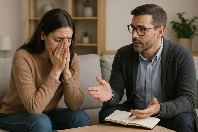 Woman in therapy session showing emotional release while therapist provides guidance.