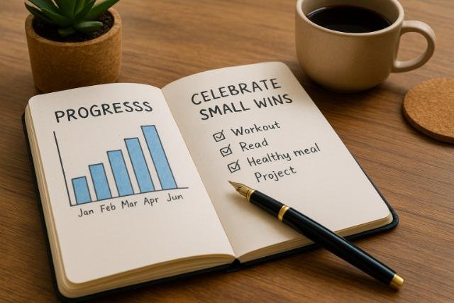 Journal showing progress tracking and checklist for celebrating small wins.