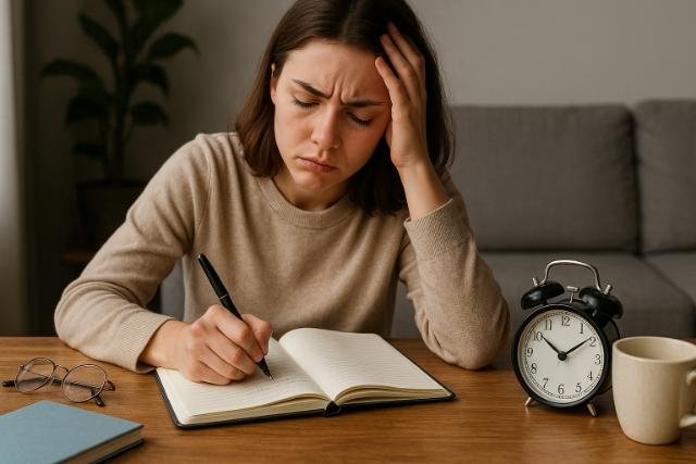 Woman struggling with journaling at a wooden desk