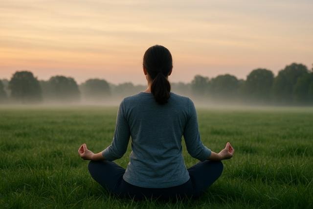Woman meditating in a misty field at sunrise.