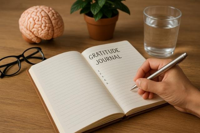 Gratitude journaling with brain model and writing hand on desk.