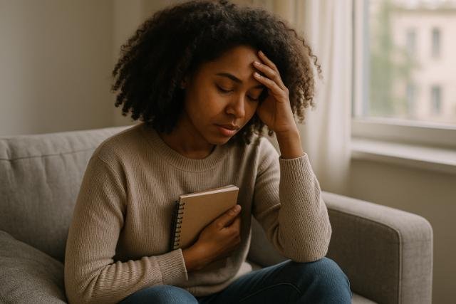 Woman holding notebook in deep self-reflection by a window.