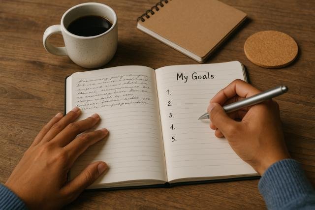 Hands writing goals in a journal with coffee and notebook nearby.