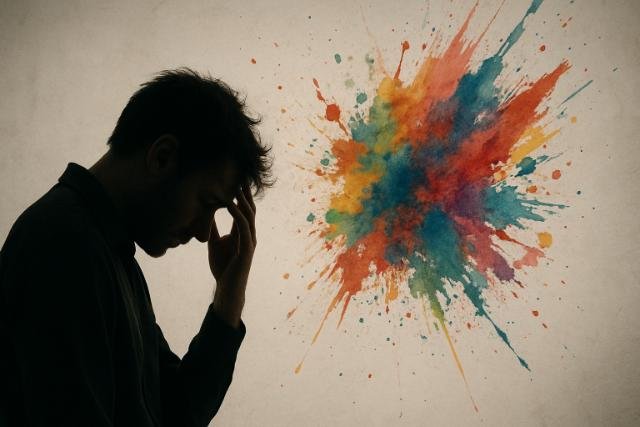 Silhouetted man with colorful paint splash representing creative and psychological impact.