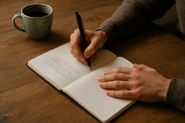Person freewriting in a notebook with coffee on a wooden desk.