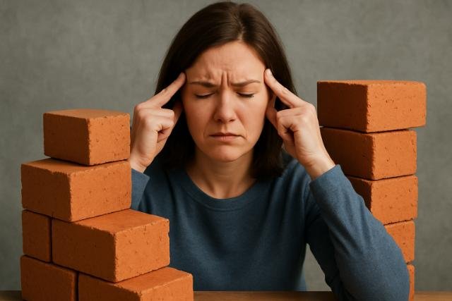 Woman facing mental blocks symbolized by stacked bricks.