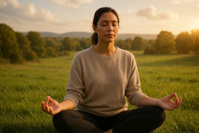 Woman meditating in a peaceful green meadow during sunset.