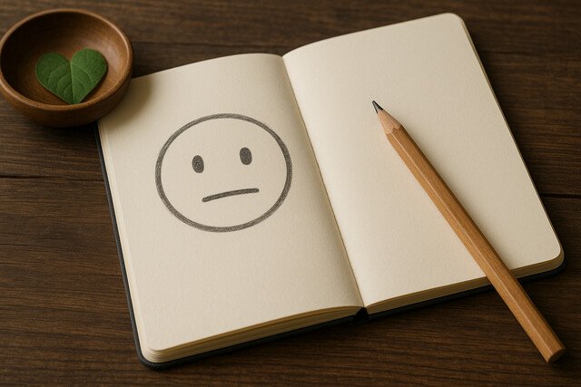 Open journal with neutral emoticon and pencil on wooden surface.