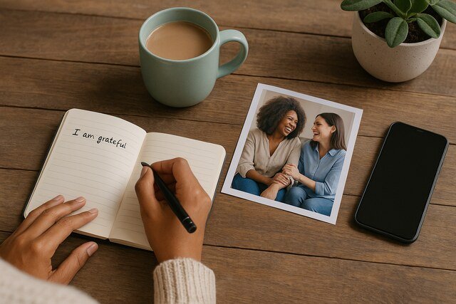 Writing in gratitude journal next to photo of smiling friends.