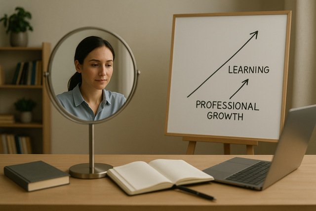 Woman reflecting on learning and career growth at desk